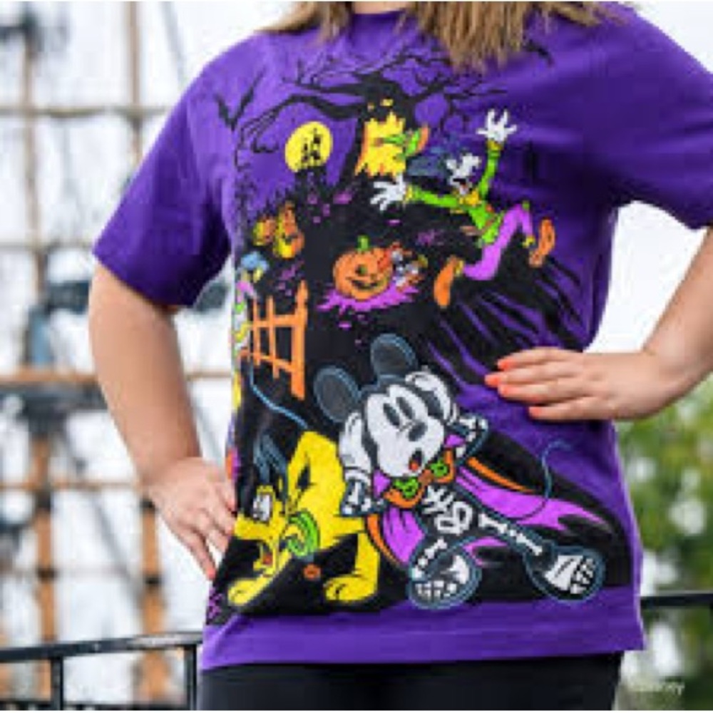 Disney Parks Halloween Mickey Pluto Goofy Purple Embroidered Shirt Size S